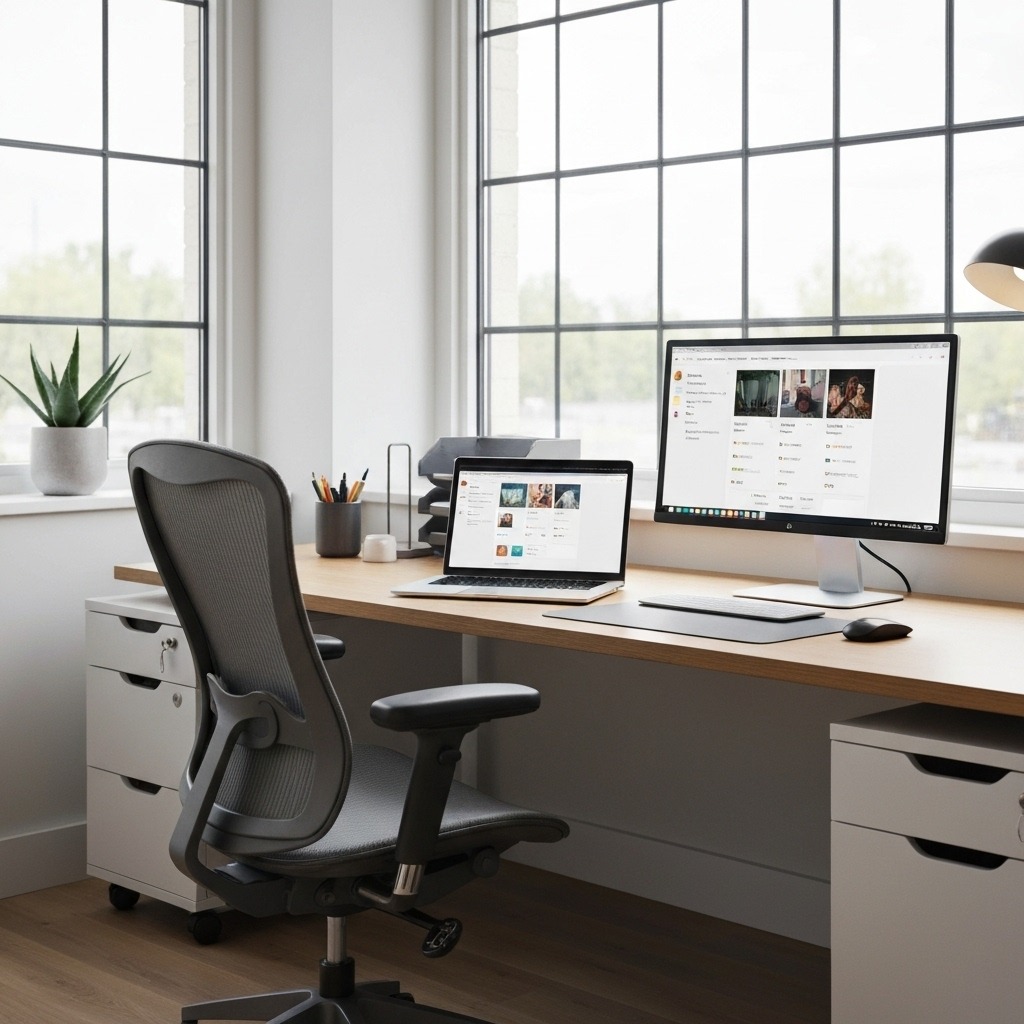 Modern workspace with laptop, coffee cup, and notebook